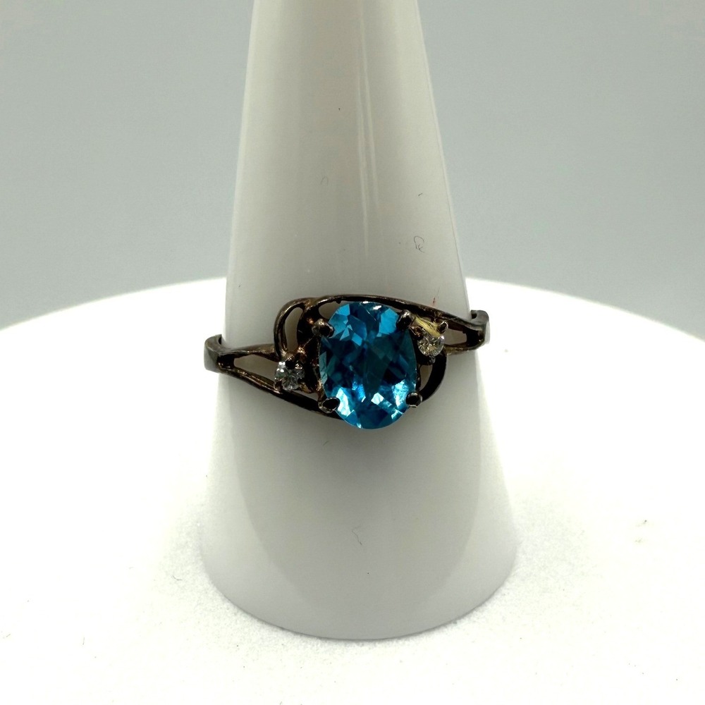 Vintage‎ Sterling Silver Blue Topaz Oval Bypass Ring Size 10.25 CZ Accents